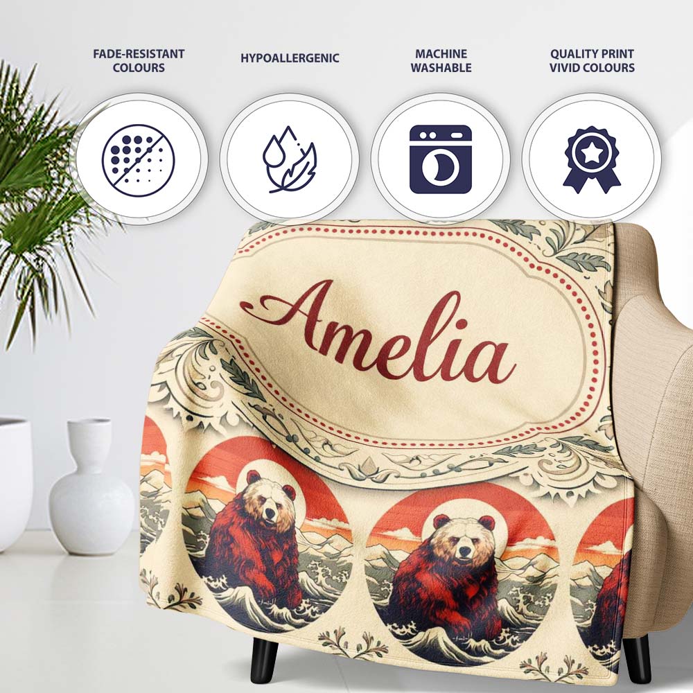 Bear Mountain Circle Seamless Pattern Vintage Forest Wildlife Design  Personalised Custom Name Super Soft Fleece Blanket Bed Sofa Throw