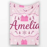 Cute Pink Gift Box Candy Cane Snowflake Seamless Pattern Lovely  Personalised Custom Name Super Soft Fleece Blanket Bed Sofa Throw