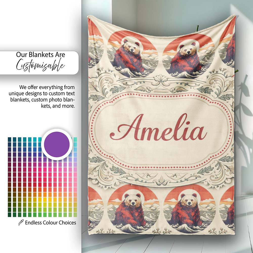 Bear Mountain Circle Seamless Pattern Vintage Forest Wildlife Design  Personalised Custom Name Super Soft Fleece Blanket Bed Sofa Throw