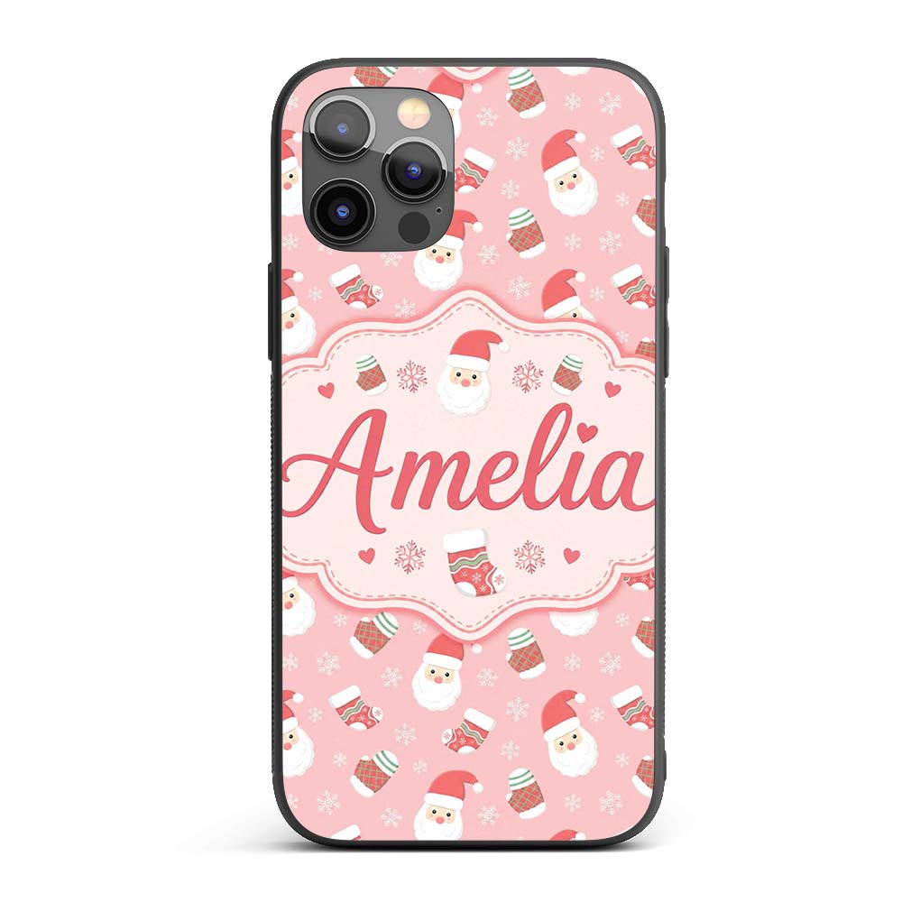 Cute Santa Face Mittens Snowflake Printed Design Custom Name Protective Phone Case Mobile Cover Durable Everyday Smartphone Shock Resistant