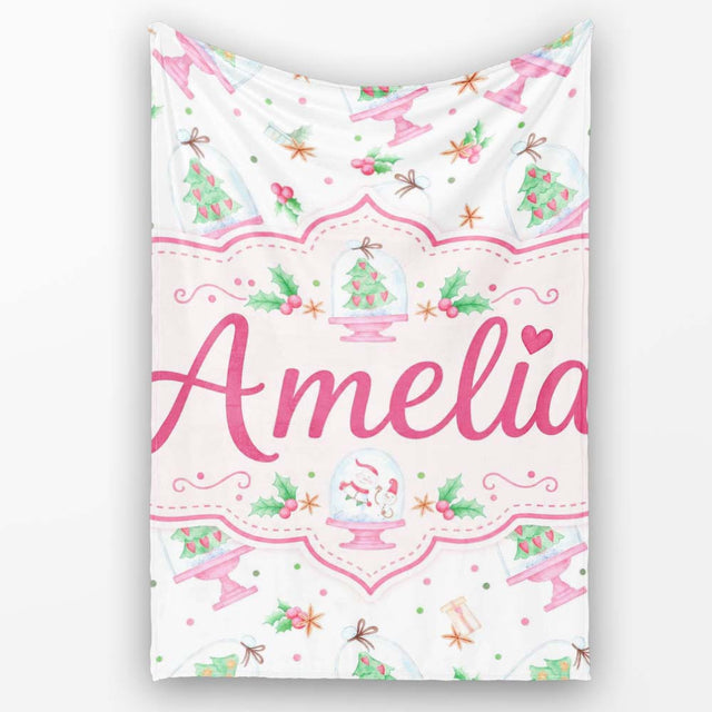 Watercolor Christmas Snow Globe Tree Holly Seamless Pattern Lovely  Personalised Custom Name Super Soft Fleece Blanket Bed Sofa Throw