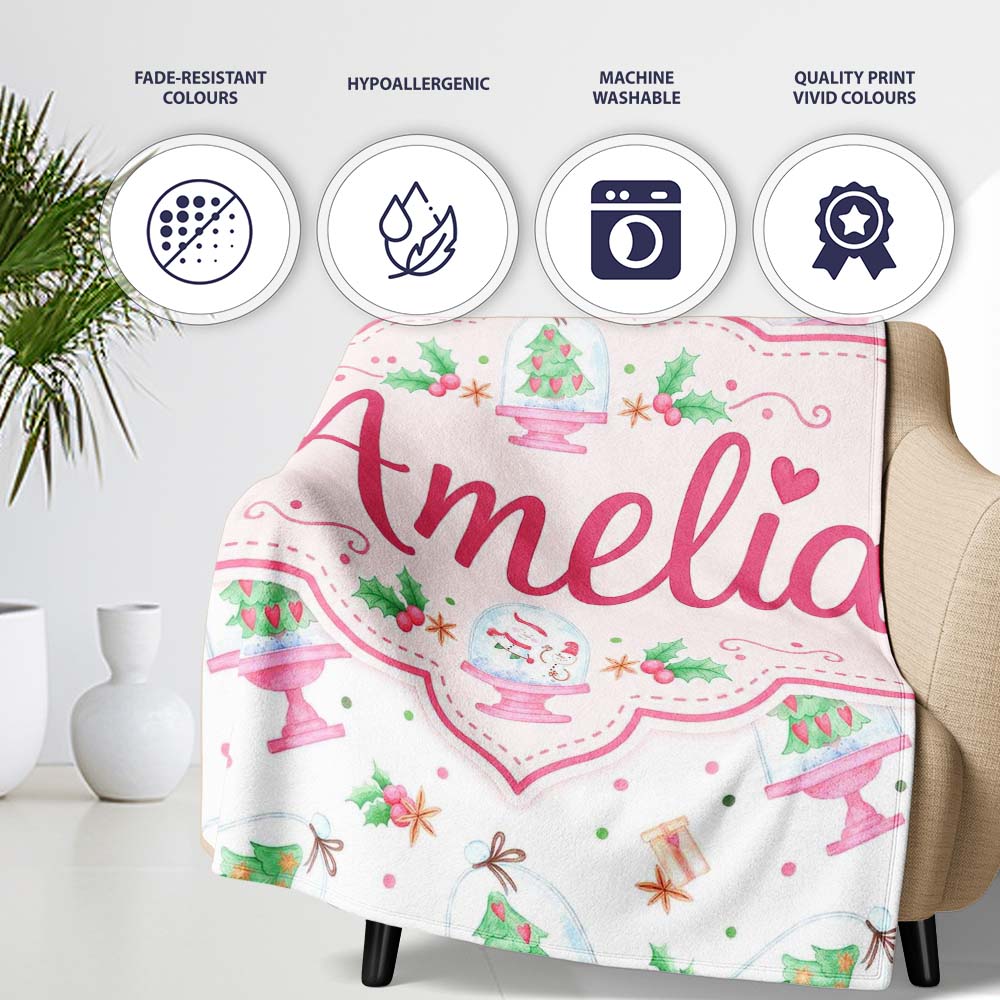 Watercolor Christmas Snow Globe Tree Holly Seamless Pattern Lovely  Personalised Custom Name Super Soft Fleece Blanket Bed Sofa Throw