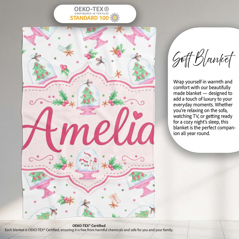 Watercolor Christmas Snow Globe Tree Holly Seamless Pattern Lovely  Personalised Custom Name Super Soft Fleece Blanket Bed Sofa Throw