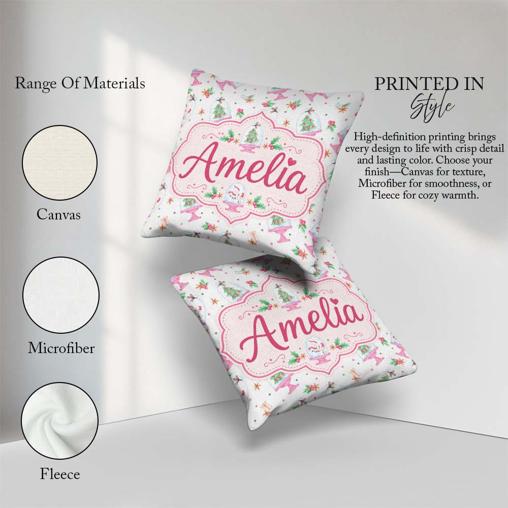 Custom Name Watercolor Christmas Snow Globe Tree Holly Seamless Square Filled Cushion Throw Pillow Sofa Bed Home Decor Zip Washable UK Made