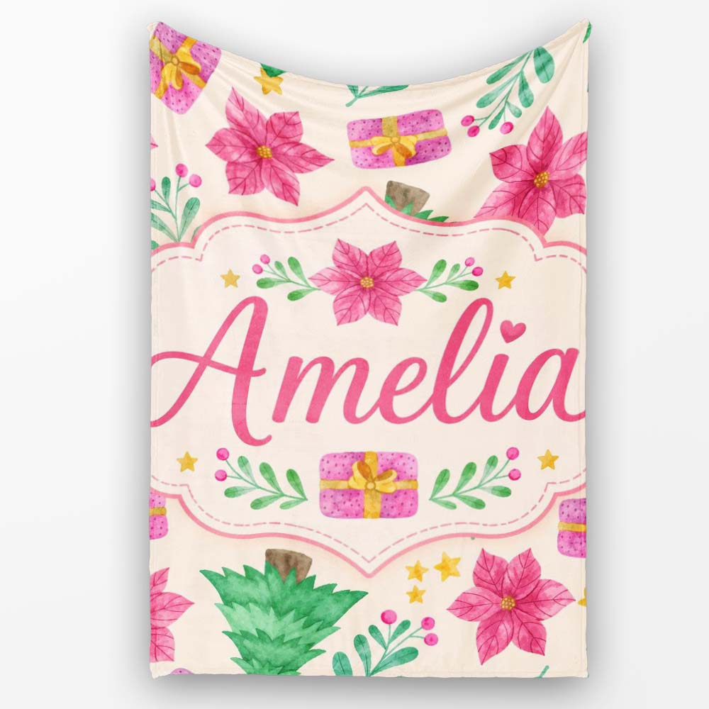 Watercolor Christmas Tree Poinsettia Gift Seamless Pattern Lovely  Personalised Custom Name Super Soft Fleece Blanket Bed Sofa Throw