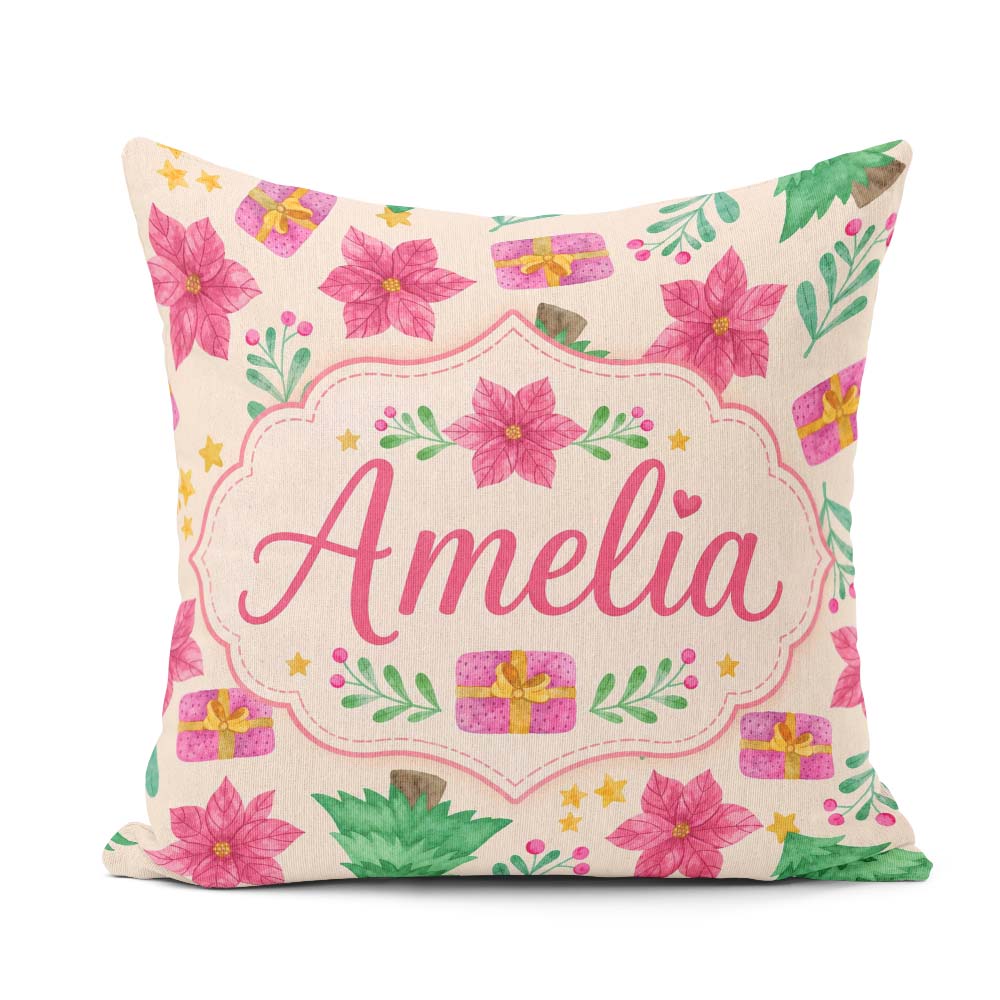 Custom Name Watercolor Christmas Tree Poinsettia Seamless Lovely Square Filled Cushion Throw Pillow Sofa Bed Home Decor Zip Washable UK Made