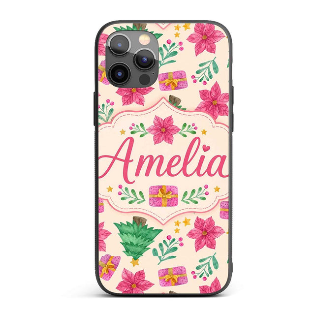 Watercolor Christmas Tree Poinsettia Gift Seamless Pattern Custom Name Protective Phone Case Mobile Cover Durable Smartphone Shock Resistant