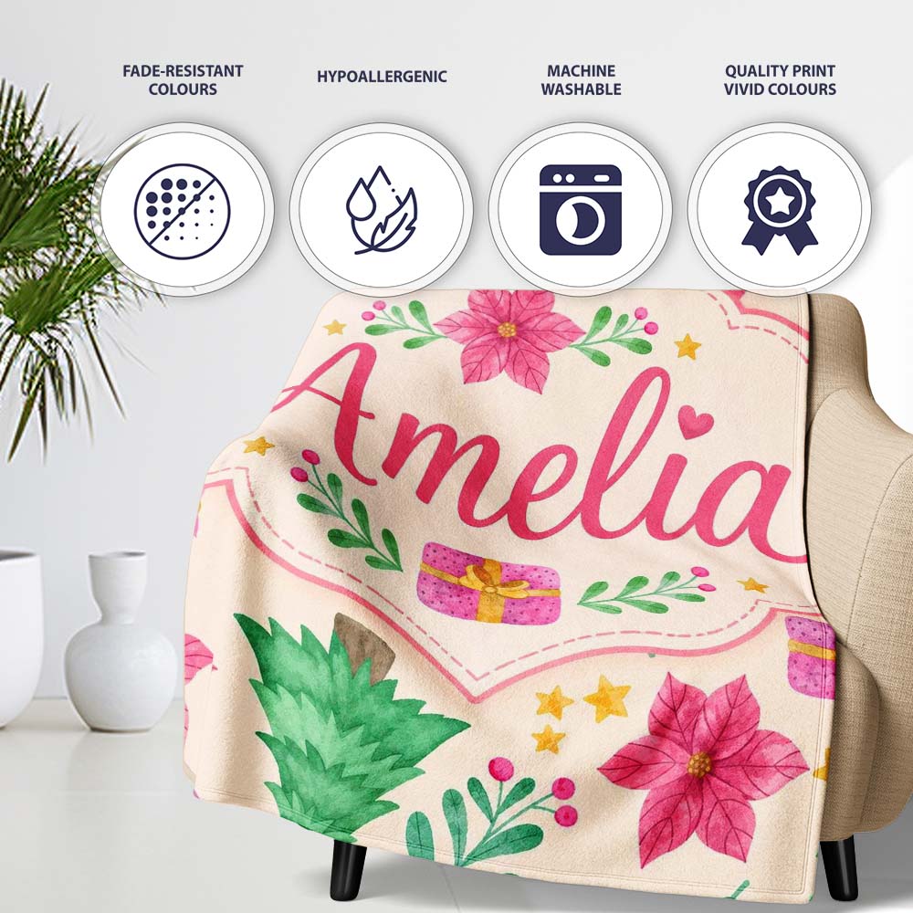 Watercolor Christmas Tree Poinsettia Gift Seamless Pattern Lovely  Personalised Custom Name Super Soft Fleece Blanket Bed Sofa Throw