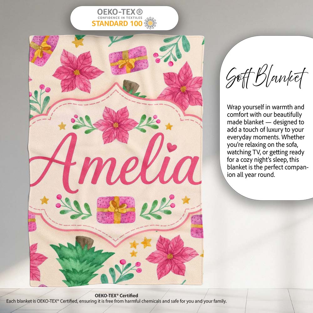 Watercolor Christmas Tree Poinsettia Gift Seamless Pattern Lovely  Personalised Custom Name Super Soft Fleece Blanket Bed Sofa Throw