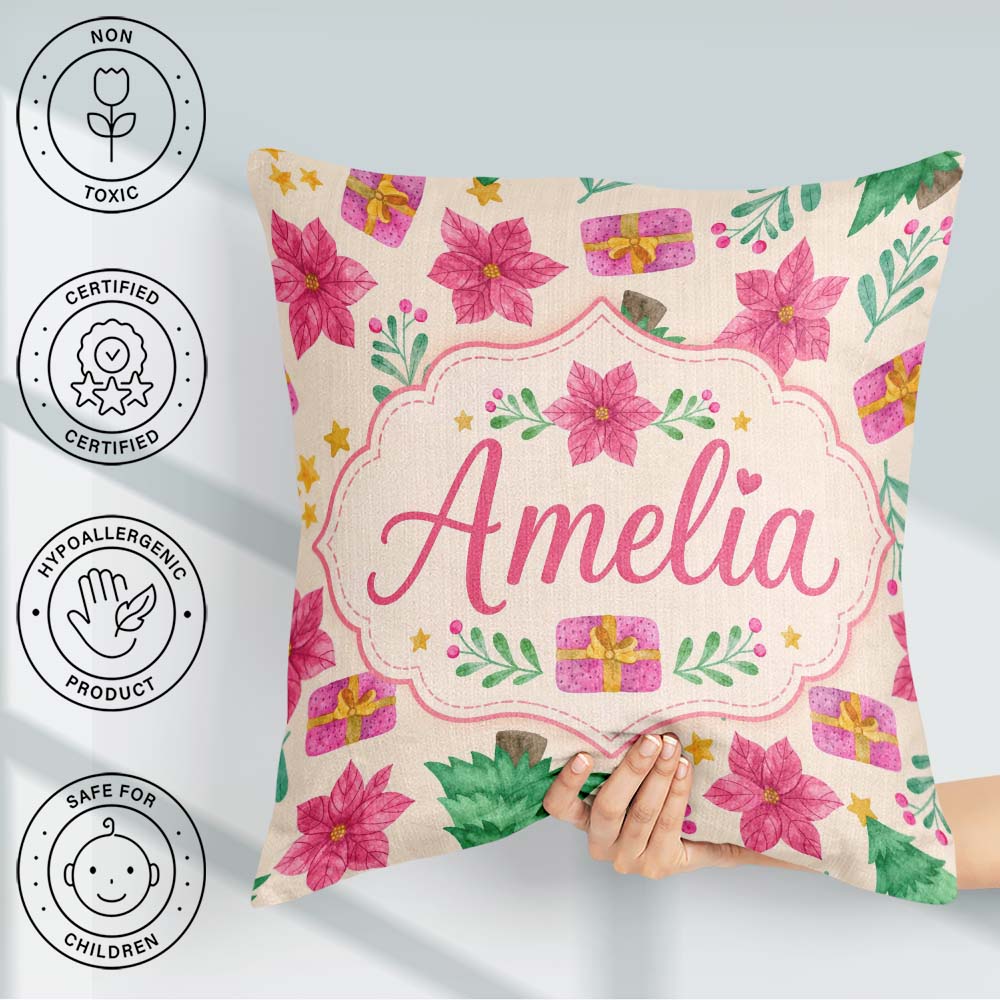 Custom Name Watercolor Christmas Tree Poinsettia Seamless Lovely Square Filled Cushion Throw Pillow Sofa Bed Home Decor Zip Washable UK Made