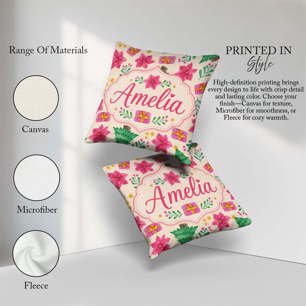 Custom Name Watercolor Christmas Tree Poinsettia Seamless Lovely Square Filled Cushion Throw Pillow Sofa Bed Home Decor Zip Washable UK Made