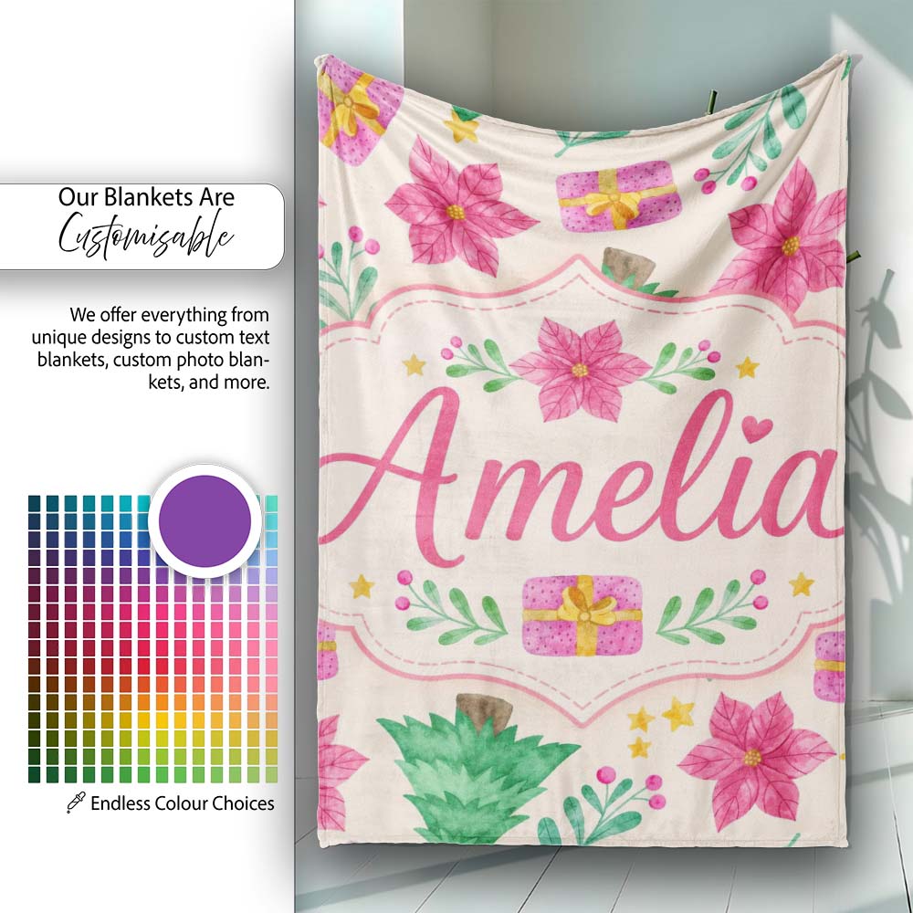 Watercolor Christmas Tree Poinsettia Gift Seamless Pattern Lovely  Personalised Custom Name Super Soft Fleece Blanket Bed Sofa Throw