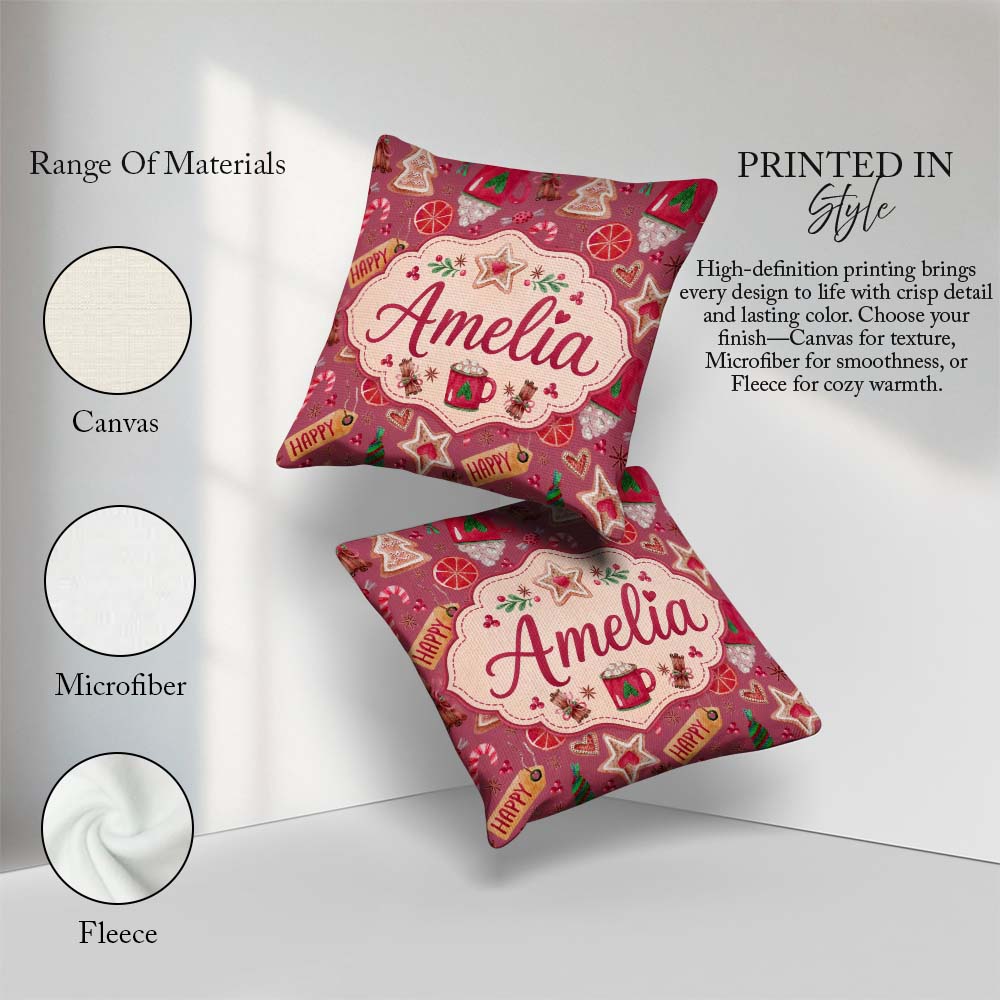 Custom Name Festive Christmas Candy Cookie Orange Pattern Lovely Square Filled Cushion Throw Pillow Sofa Bed Home Decor Zip Washable UK Made