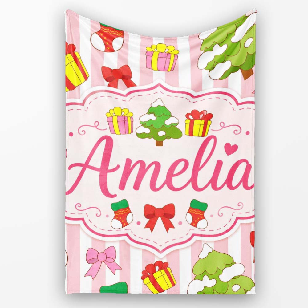 Cute Christmas Gifts Stockings Tree Stripe Background Seamless  Personalised Custom Name Super Soft Fleece Blanket Bed Sofa Throw