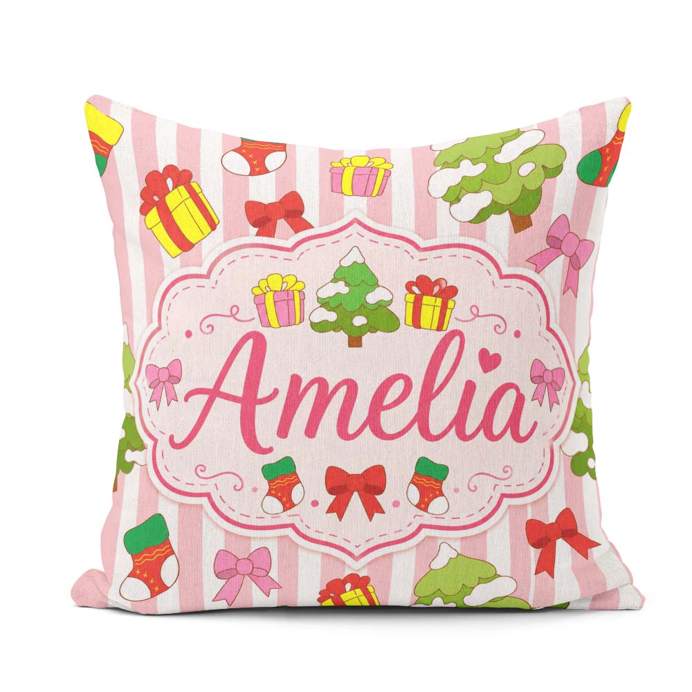 Custom Name Cute Christmas Gifts Tree Stripe Background Seamless Square Filled Cushion Throw Pillow Sofa Bed Home Decor Zip Washable UK Made