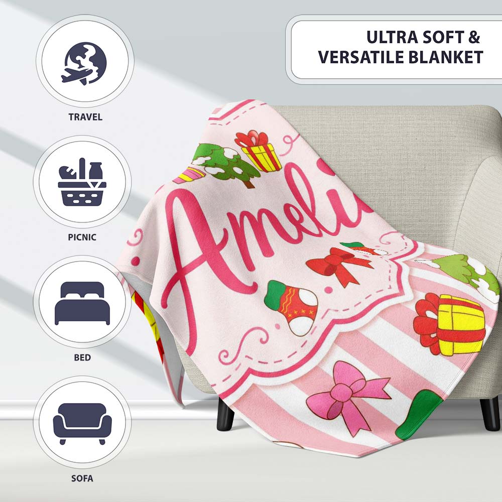 Cute Christmas Gifts Stockings Tree Stripe Background Seamless  Personalised Custom Name Super Soft Fleece Blanket Bed Sofa Throw