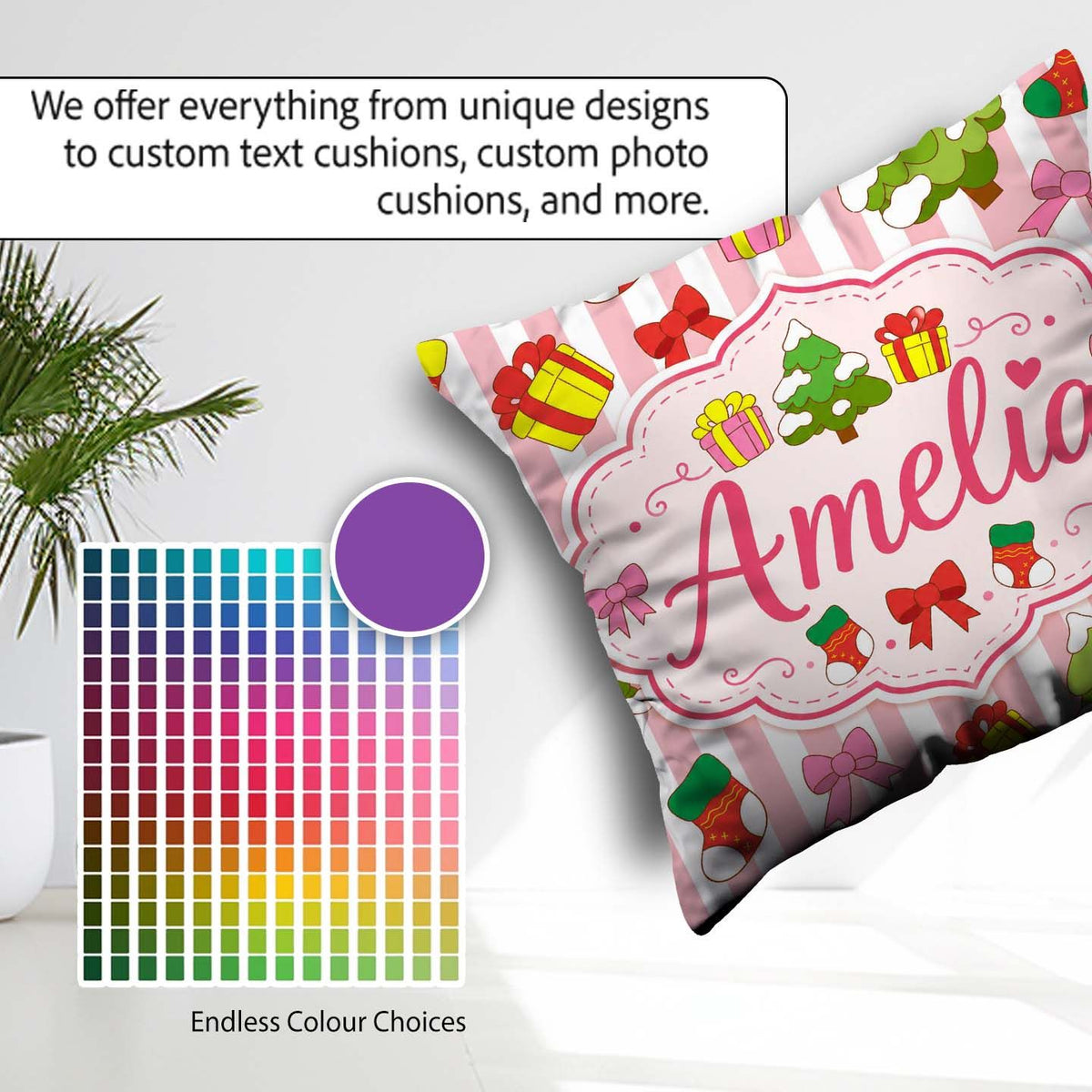 Custom Name Cute Christmas Gifts Tree Stripe Background Seamless Square Filled Cushion Throw Pillow Sofa Bed Home Decor Zip Washable UK Made
