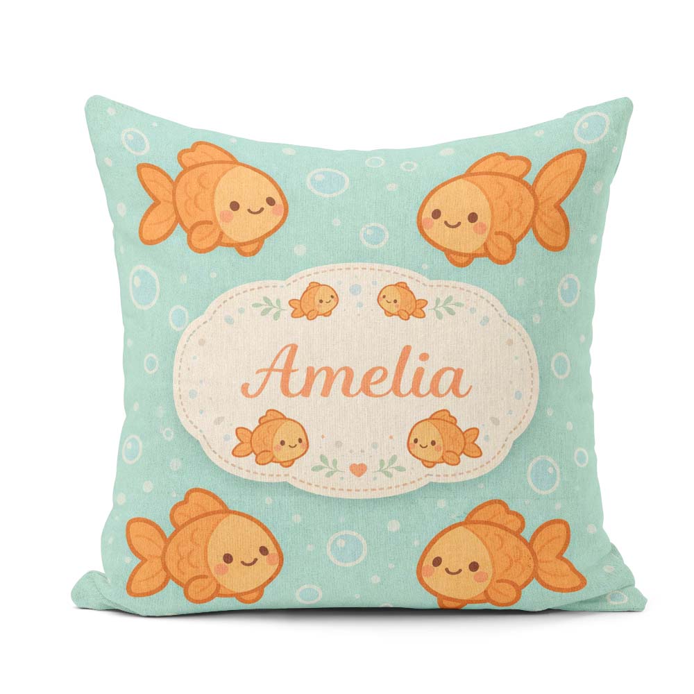 Custom Name Cute Goldfish Cartoon Animal Ocean Pattern Beautiful Square Filled Cushion Throw Pillow Sofa Bed Home Decor Zip Washable UK Made