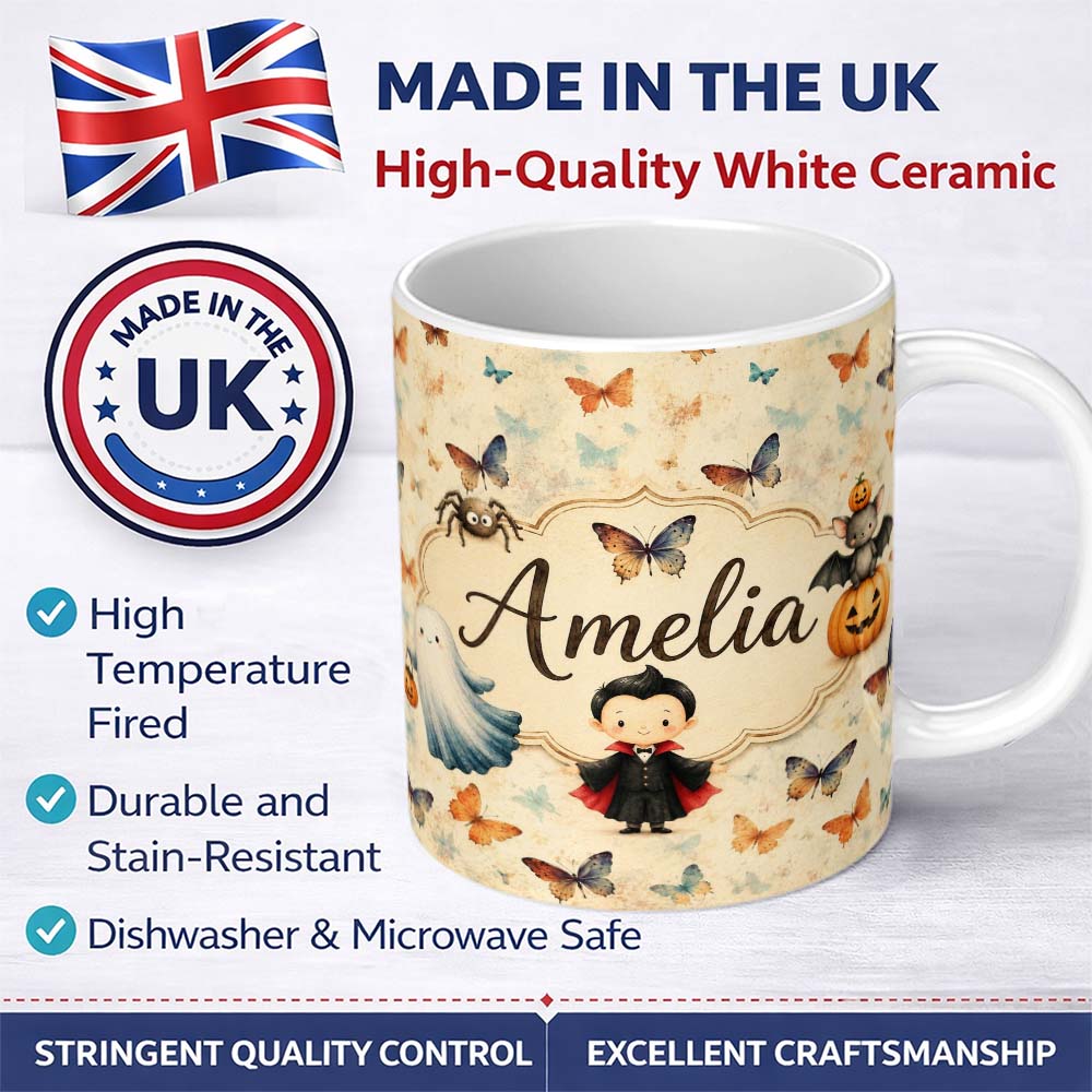 Personalized Custom Name Vintage Style Butterflies with Soft Pastel Texture Seamless Pattern 11oz Ceramic Coffee Tea Mug White Large Handle