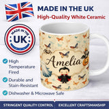 Personalized Custom Name Vintage Style Butterflies with Soft Pastel Texture Seamless Pattern 11oz Ceramic Coffee Tea Mug White Large Handle
