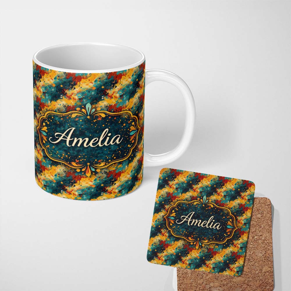 Personalized Custom Name Bold Abstract Paint Splash Teal Mustard Red Flow Pattern Lovely 11oz Ceramic Coffee Tea Mug White Large Handle