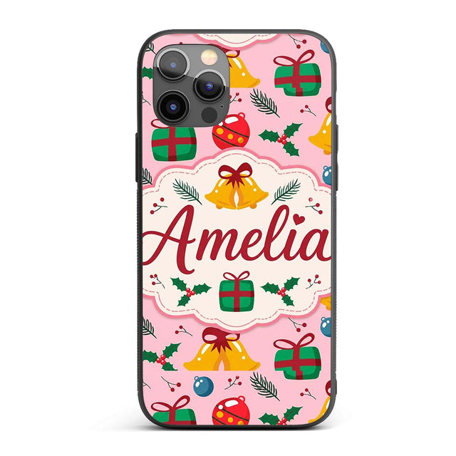 Cute Christmas Bells Baubles Holly Gift Seamless Custom Name Protective Phone Case Mobile Cover Durable Everyday Smartphone Shock Resistant