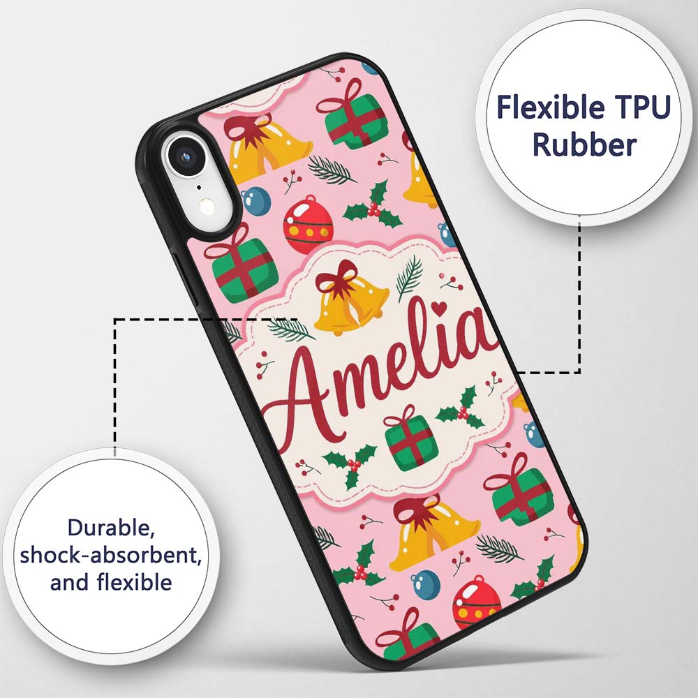 Cute Christmas Bells Baubles Holly Gift Seamless Custom Name Protective Phone Case Mobile Cover Durable Everyday Smartphone Shock Resistant