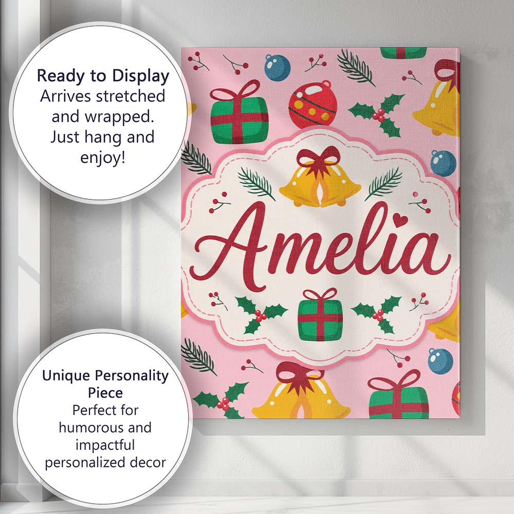 Personalised Name Cute Christmas Bells Custom  Modern Room Accent Elegant Feature Canvas Wall Art Print Decor Picture Ready to Hang