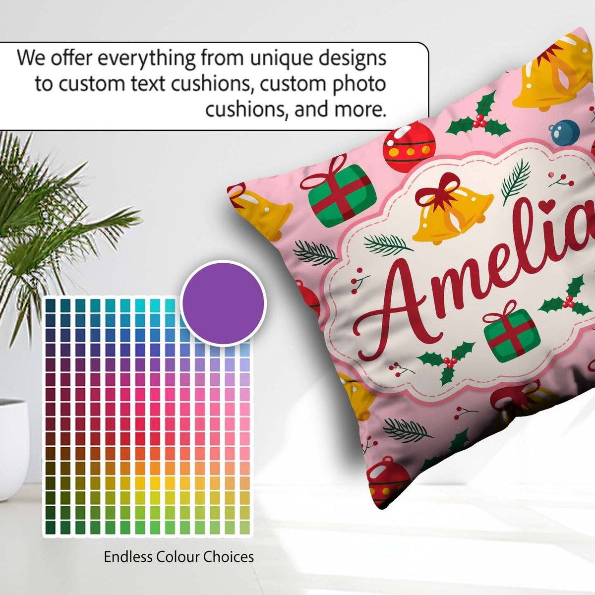 Custom Name Cute Christmas Bells Baubles Holly Seamless Pattern Square Filled Cushion Throw Pillow Sofa Bed Home Decor Zip Washable UK Made