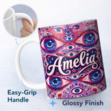 Personalized Custom Name Psychedelic Multiple Eyes Seamless Pattern Vibrant Surreal Repeating 11oz Ceramic Coffee Tea Mug White Large Handle