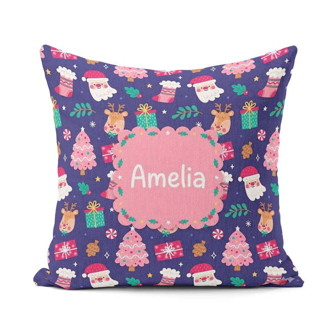 Custom Name Cute Santa Reindeer Christmas Tree Seamless Pattern Square Filled Cushion Throw Pillow Sofa Bed Home Decor Zip Washable UK Made