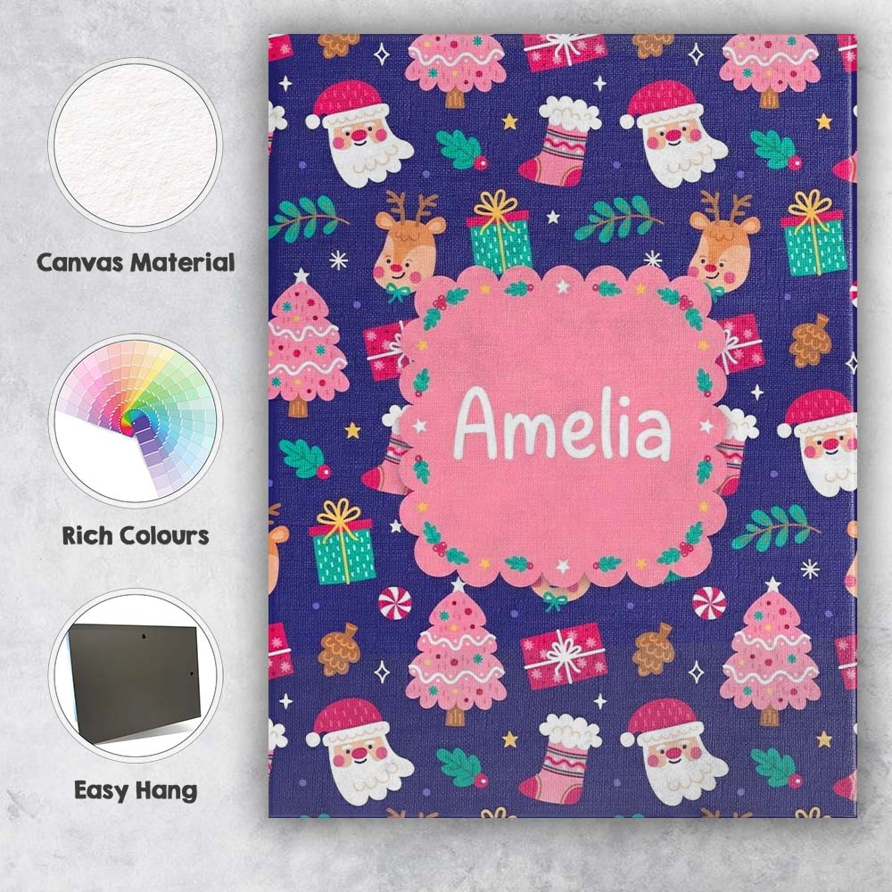 Personalised Name Cute Santa Reindeer Custom Modern Room Accent Creative Decorator Style Canvas Wall Art Print Decor Picture Ready to Hang
