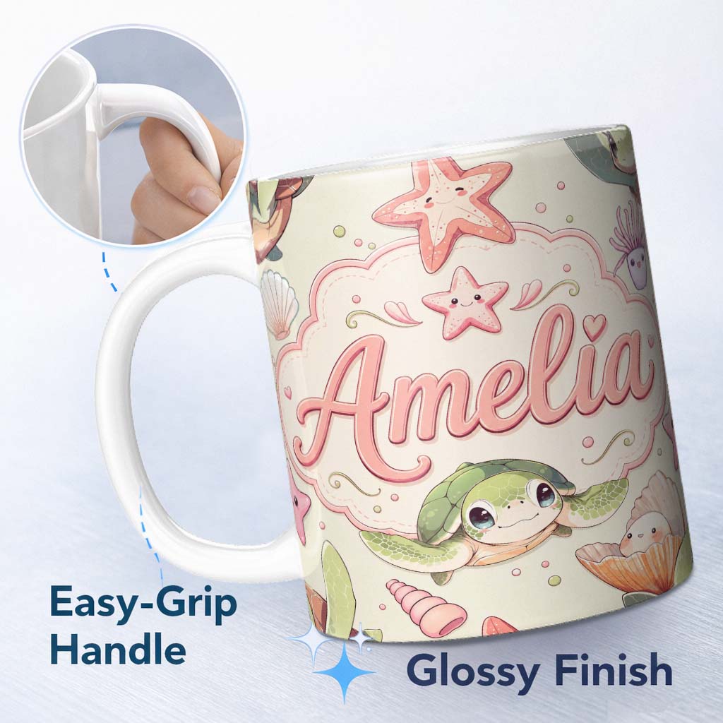 Personalized Custom Name Cute Kawaii Sea Turtle Starfish Shells Ocean Friends Cream Lovely 11oz Ceramic Coffee Tea Mug White Large Handle