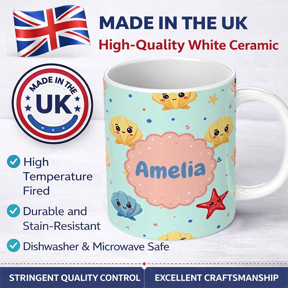 Personalized Custom Name Cute Kawaii Seashells Starfish Ocean Beach Fun Seamless Pattern 11oz Ceramic Coffee Tea Mug White Large Handle