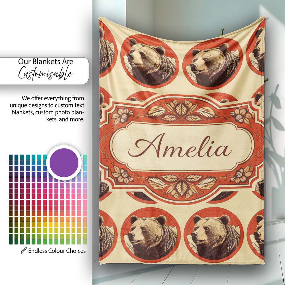 Bear Mountain Circle Seamless Pattern Rustic Woodland Wildlife  Personalised Custom Name Super Soft Fleece Blanket Bed Sofa Throw