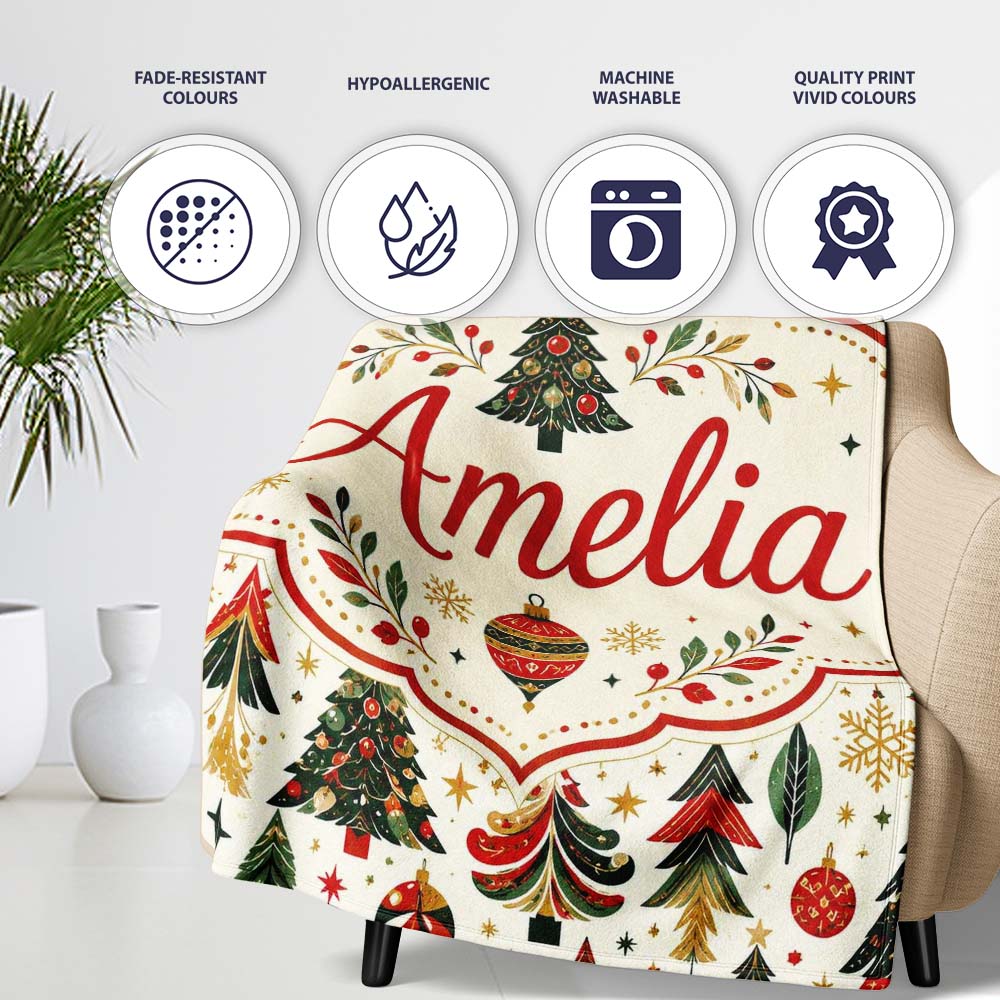 Vintage Christmas Tree Ornament Festive Seamless Pattern Lovely  Personalised Custom Name Super Soft Fleece Blanket Bed Sofa Throw