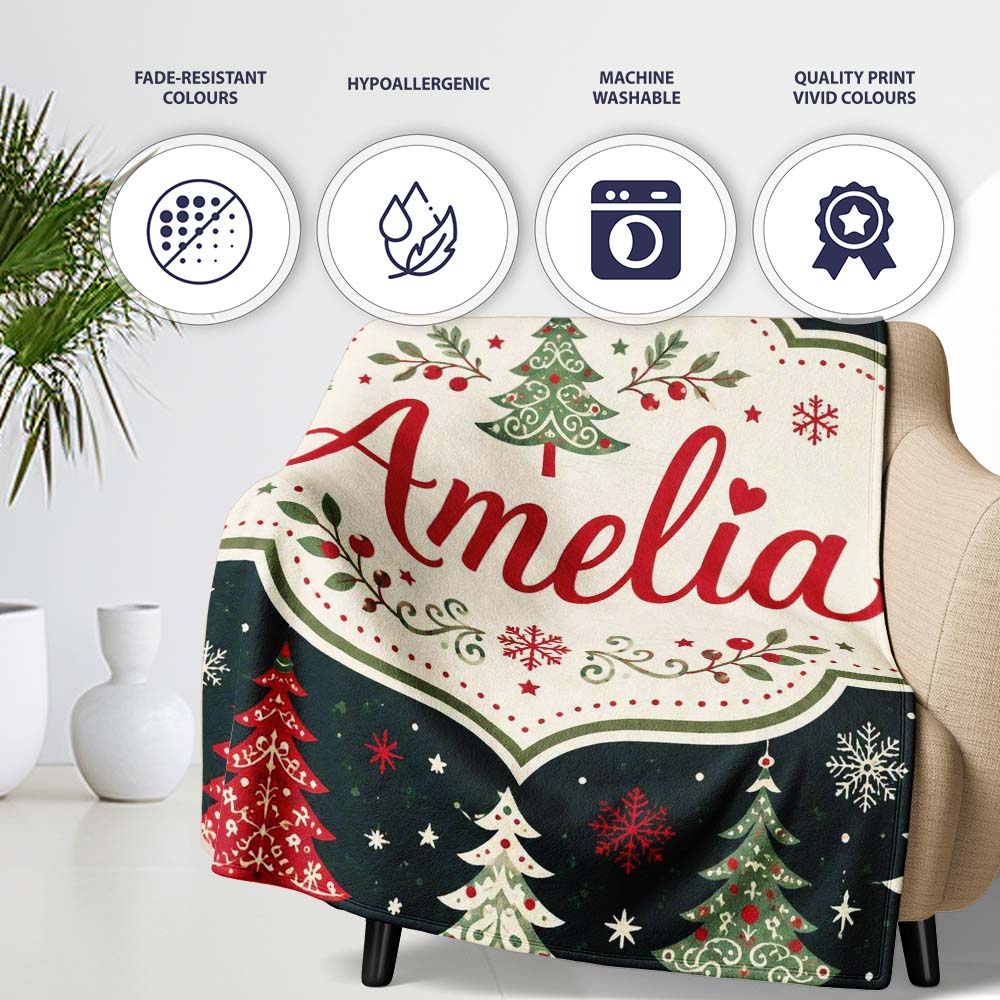 Cute Nordic Christmas Trees Snowflake Dark Background Seamless  Personalised Custom Name Super Soft Fleece Blanket Bed Sofa Throw