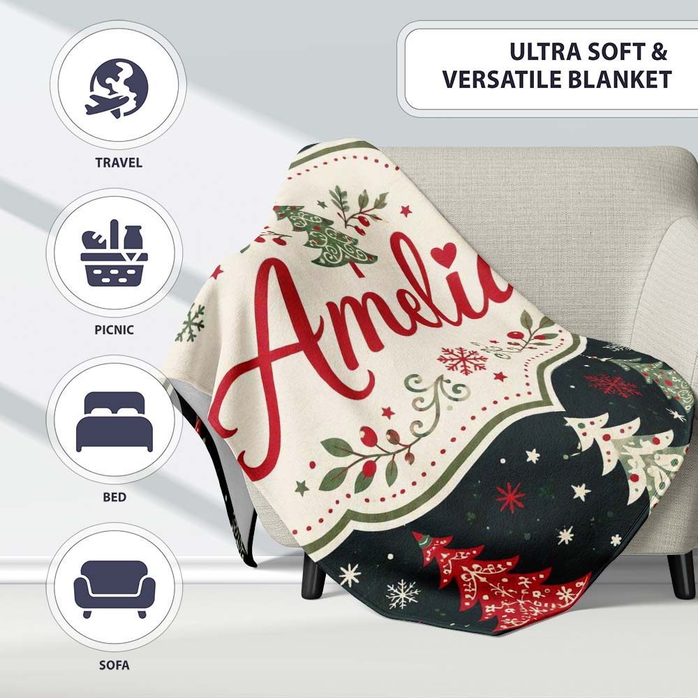 Cute Nordic Christmas Trees Snowflake Dark Background Seamless  Personalised Custom Name Super Soft Fleece Blanket Bed Sofa Throw