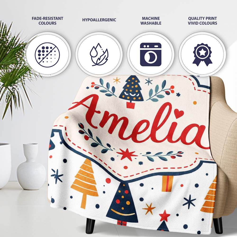 Cute Modern Christmas Tree Star Minimal Seamless Pattern Lovely  Personalised Custom Name Super Soft Fleece Blanket Bed Sofa Throw