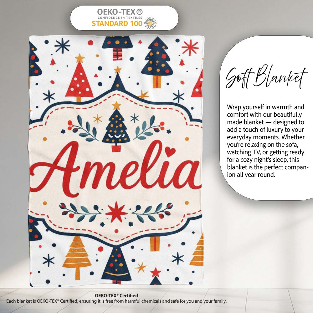 Cute Modern Christmas Tree Star Minimal Seamless Pattern Lovely  Personalised Custom Name Super Soft Fleece Blanket Bed Sofa Throw