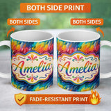 Personalized Custom Name Vivid Rainbow Fluid Art Swirl Pattern Seamless Pattern Lovely 11oz Ceramic Coffee Tea Mug White Large Handle