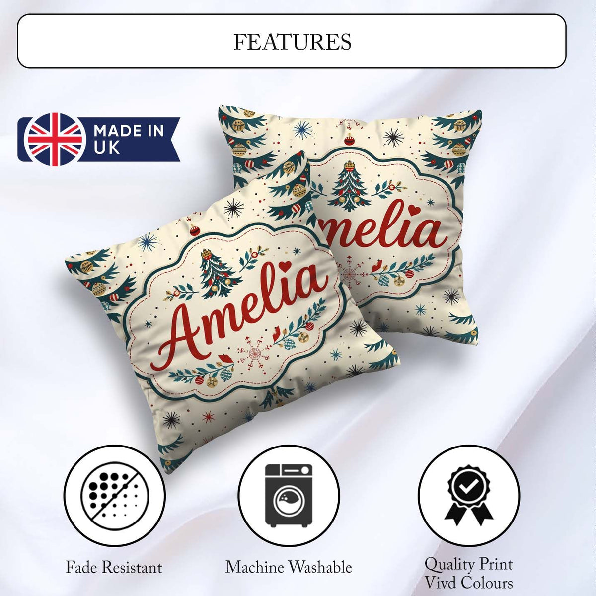 Custom Name Christmas Tree Ornament Starburst Seamless Pattern Square Filled Cushion Throw Pillow Sofa Bed Home Decor Zip Washable UK Made