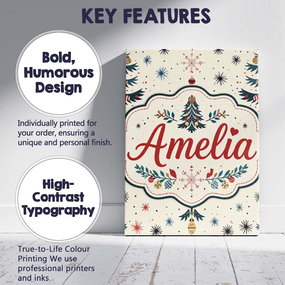 Personalised Name Cute Christmas Tree Custom Modern Room Accent Creative Decorator Style Canvas Wall Art Print Decor Picture Ready to Hang