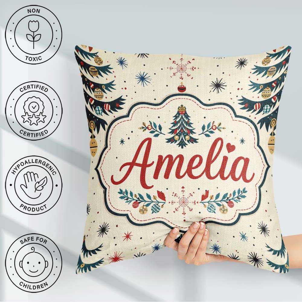 Custom Name Christmas Tree Ornament Starburst Seamless Pattern Square Filled Cushion Throw Pillow Sofa Bed Home Decor Zip Washable UK Made