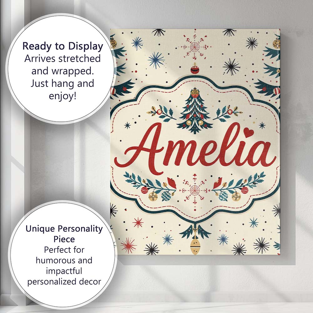 Personalised Name Cute Christmas Tree Custom Modern Room Accent Creative Decorator Style Canvas Wall Art Print Decor Picture Ready to Hang