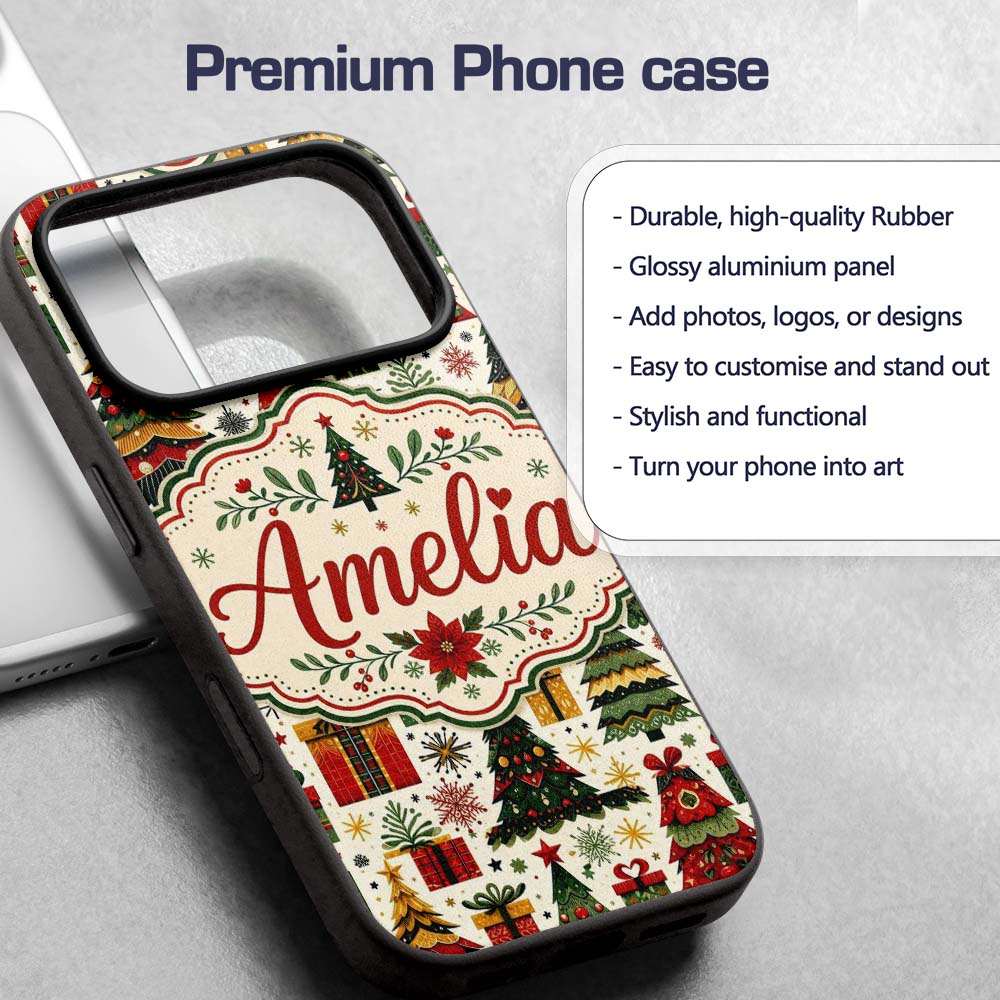 Cute Christmas Tree Gift Holiday Festive Seamless Custom Name Protective Phone Case Mobile Cover Durable Everyday Smartphone Shock Resistant
