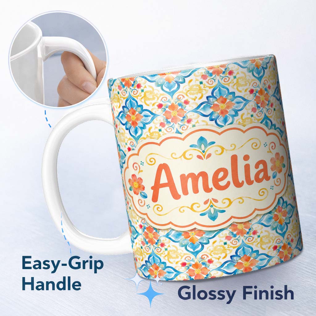 Personalized Custom Name Watercolor Floral Tile Blue Orange Mediterranean Seamless Pattern 11oz Ceramic Coffee Tea Mug White Large Handle