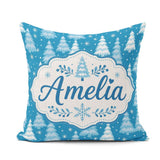 Custom Name Snowy Winter Pine Trees with Falling Snowflakes Blue Square Filled Cushion Throw Pillow Sofa Bed Home Decor Zip Washable UK Made