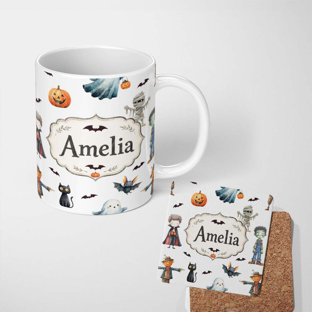 Personalized Custom Name Halloween Zombie Mummy Vampire Bat Spooky Light Grey Seamless 11oz Ceramic Coffee Tea Mug White Large Handle