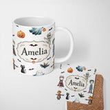 Personalized Custom Name Halloween Zombie Mummy Vampire Bat Spooky Light Grey Seamless 11oz Ceramic Coffee Tea Mug White Large Handle